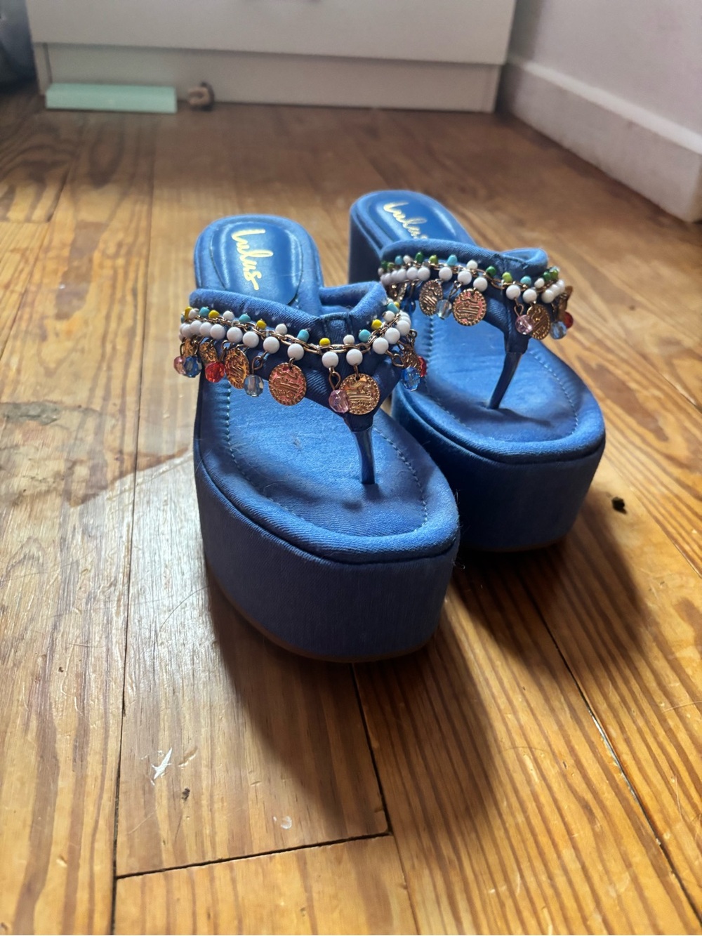 Lulu's Blue Beaded Coin Platform Thong Sandals